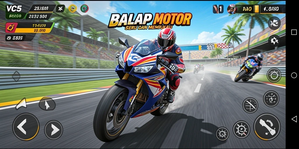 Tampilan utama VC5 menunjukkan aksi balap motor yang mendebarkan.